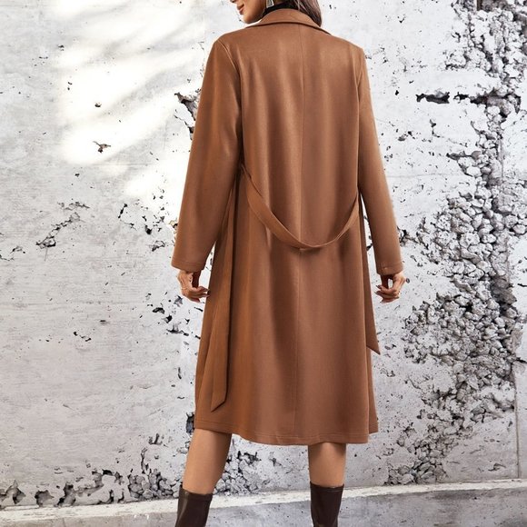 Brown Preppy Womens Lapel Neck Belted Slant Pocket Coat - Picture 2 of 5